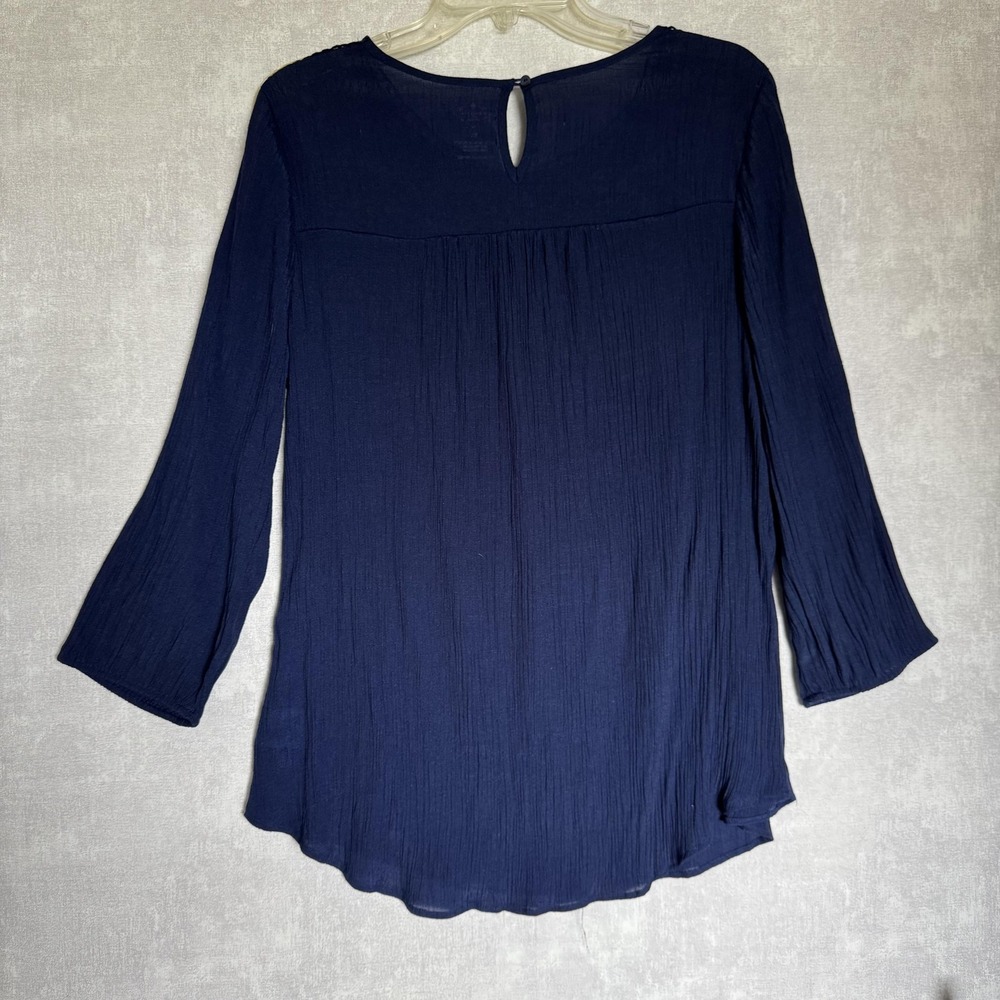 St. John's Bay Blouse Womens XL Navy Blue Crochet Lace Yoke 3/4 Boho Fairy - Picture 3 of 8